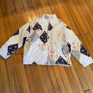 American Eagle Outfitters Quilted Bomber Jacket - White and Navy Floral